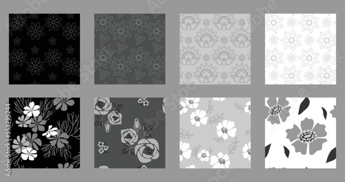 Set of seamless patterns with floral pattern. Black and white Monochrome. Vector