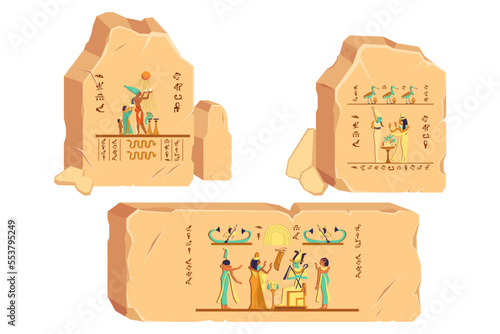 Stones with Egyptian drawings vector illustrations set. Collection of pharaohs and inscriptions of ancient Egypt on stones isolated on white background. History, mythology, culture concept