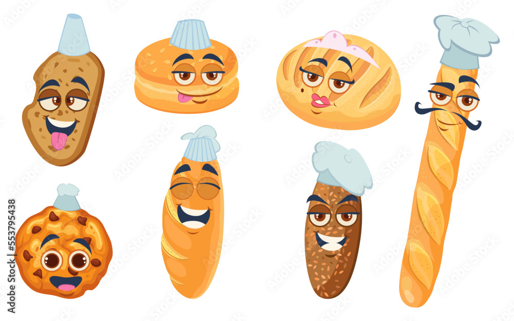 Funny comic bread and cookies vector illustrations set. Collection of ...