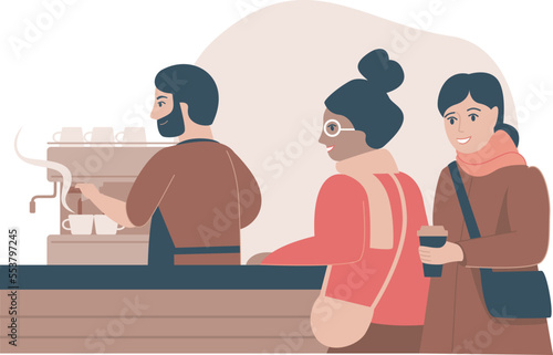 Young bearded barista making hot coffee for customers in a coffee house