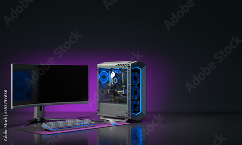 Computer Gaming PC on desk in dark room with neon light Futuristic modern workplace
