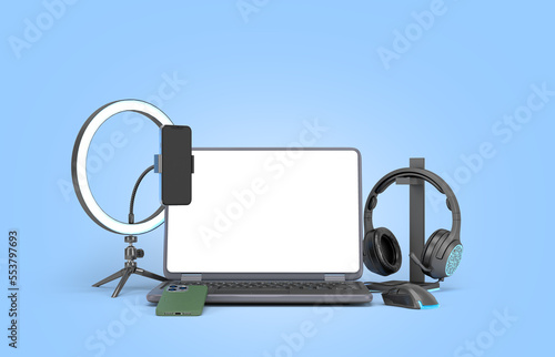 modern laptop with empty screan and accessories for streaming 3d render image on blue photo