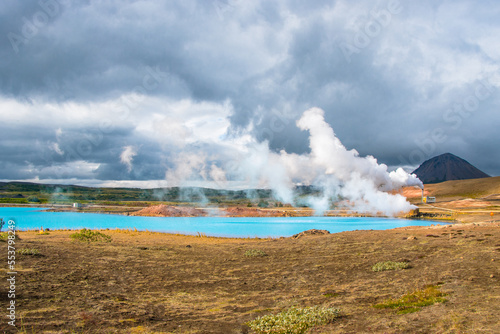 Bjarnarflag Geothermal Power Station North Iceland and steam from area near Namafjall Mountain photo