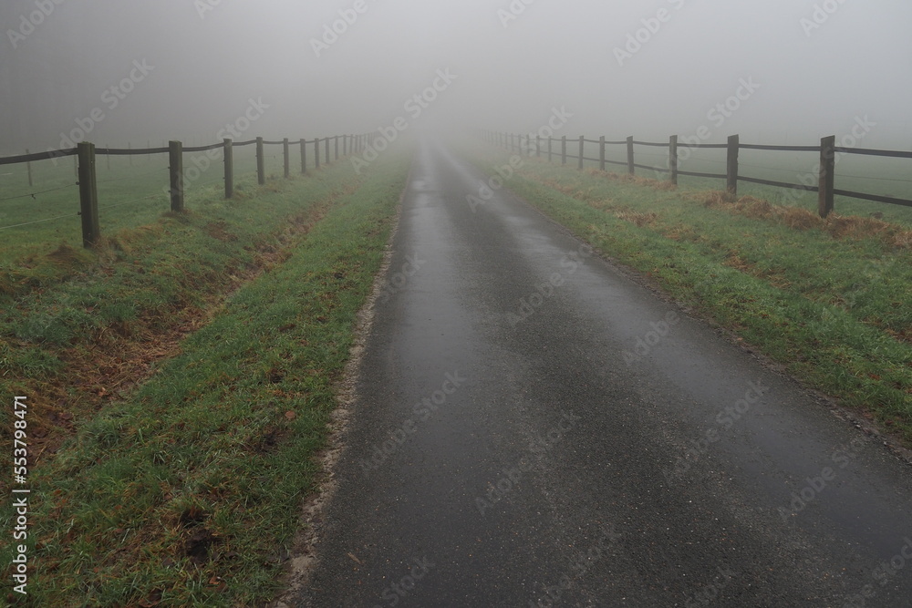 Landstraße verschwindet im Nebel am Horizont Landstraße verschwindet im Nebel am Horizont