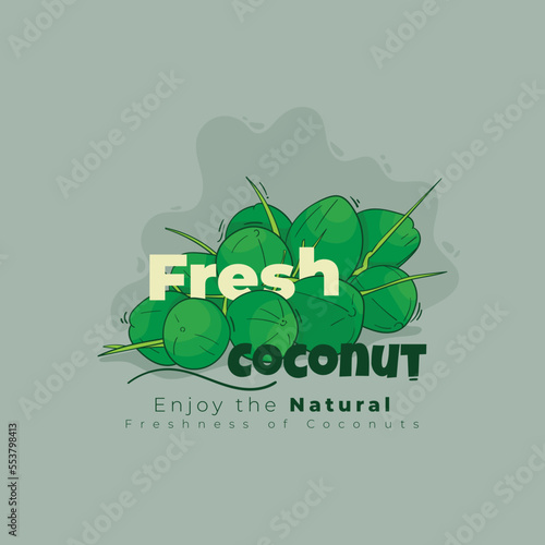 One bunch of young coconuts in cartoon design with typography of fresh coconut for healthy food