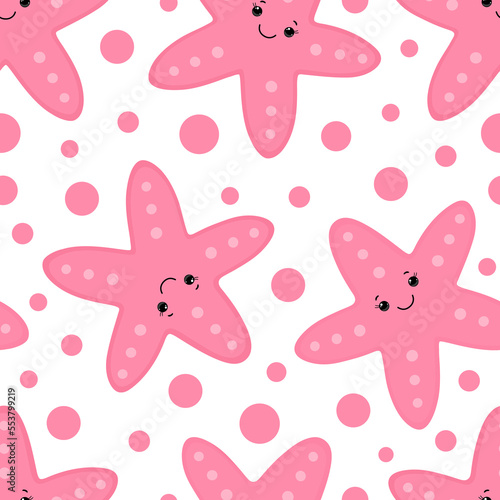 Seamless pattern with cartoon cute smiling starfish and bubble. Endless background with marine haracter. Underwater world.