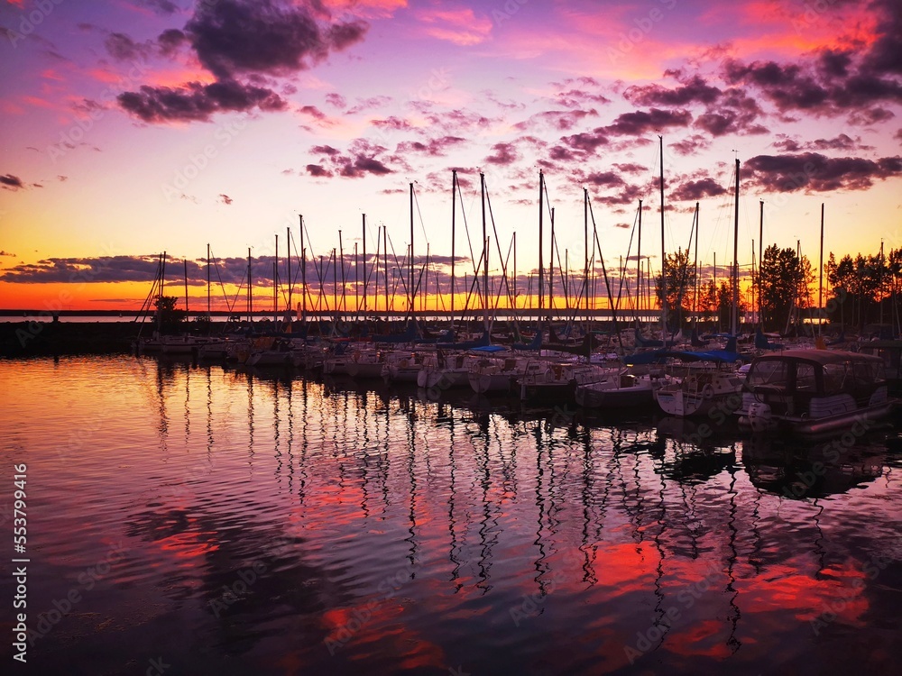 sunset at Gatineau marina, on Ottawa River, Quebec, Canada