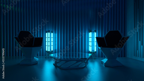 chairs on oxagon room scene with the celing light off photo