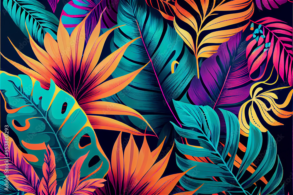 tropical pattern with jungle vegetation and exotic fauna in bright colors - obrazy, fototapety, plakaty 