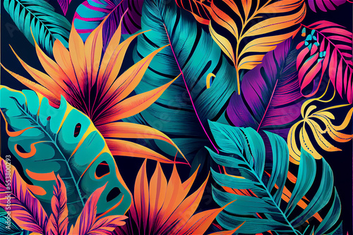 tropical pattern with jungle vegetation and exotic fauna in bright colors photo