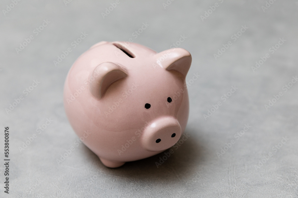 Simply minimal design piggy bank on concrete stone grey background. Saving investment budget wealth business retirement financial money banking concept. Copy space banner Simply minimal design piggy bank on concrete stone grey background. Saving investment budget wealth business retirement financial money banking concept. Copy space banner