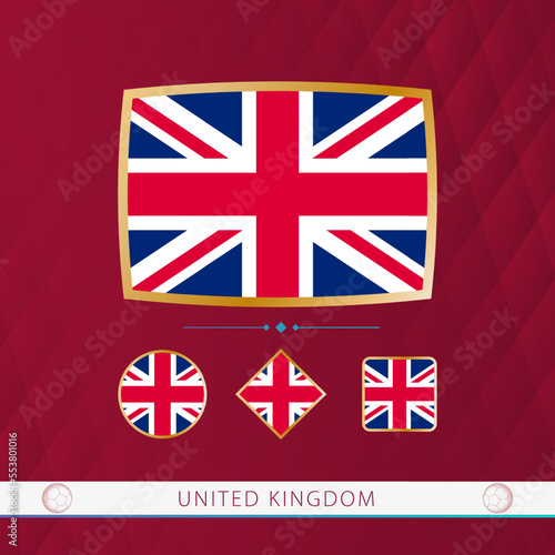 Set of United Kingdom flags with gold frame for use at sporting events on a burgundy abstract background.