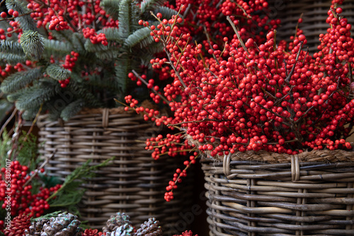Fresh cut ilex verticillata winterberries twigs in wicker basket at the greek garden shop counter in December.