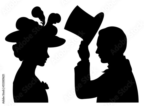 Profile silhouettes of young Victorian couple in which the man takes off his top hat in front of the woman. photo