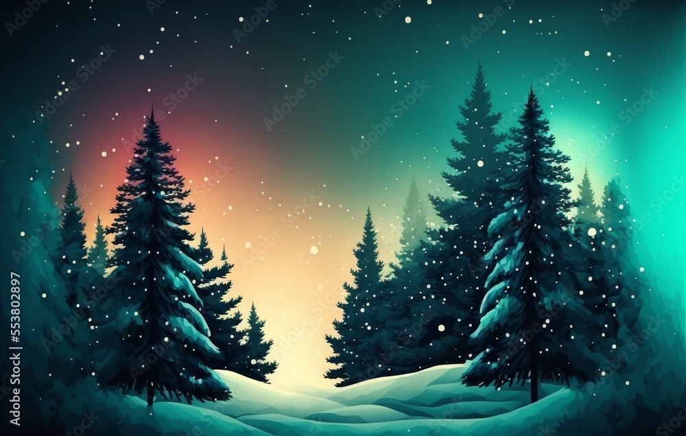 Winter Christmas scene landscape digital painting. Beautiful gradient colors. Generative AI