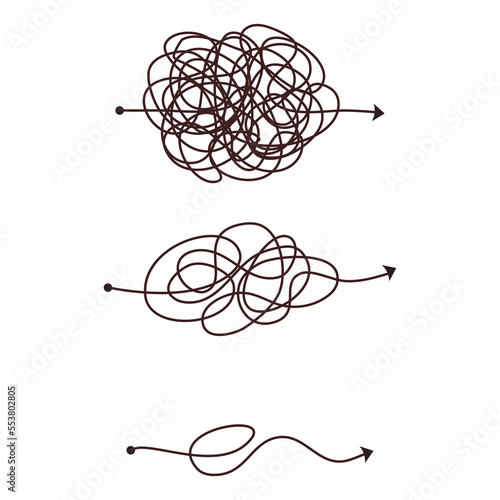 Simple line and complex easy way. Scribble doodle chaos mindset. Problem solving, difficult line. Vector hand drawn concept path