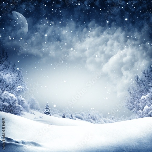 Snow landscape with the moon and sky. Christmas background. Generative AI. © Tiago