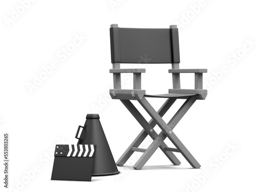 3d realistic movie industry concept. Cinema production design concept. Director chair, clapperboard and megaphone on light background. Vector illustration