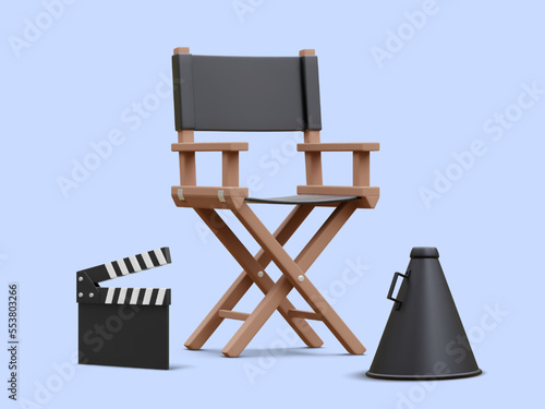 3d realistic movie industry concept. Cinema production design concept. Director chair, clapperboard and megaphone on light background. Vector illustration