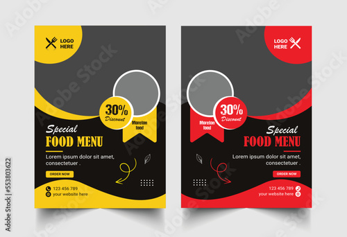 Food Flyer Design Template and restaurant menu, food ordering, junk food. Pizza, Burger, French fries and Soda. Vector illustration for banner, poster, flyer, cover, menu, brochure.