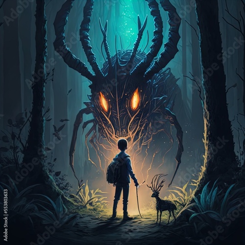 Child facing off against giant insect monster. Fantasy illustration.