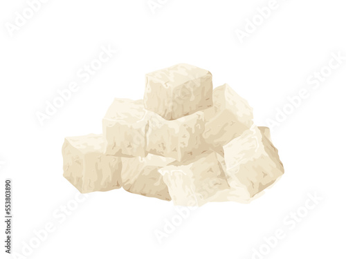 Feta soft cheese. Cartoon greek brined curd white peace made from sheeps milk. Delicious food of soy milk. Vegetarian product vector illustration
