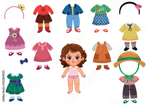 Dress up activity page with a little girl and her outfit set. Vector illustration for kids. photo