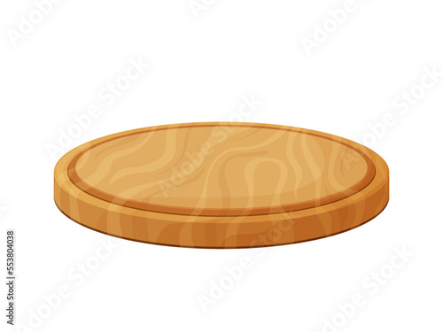 Round pizza cutting board. Wooden natural eco-friendly dish. Kitchenware comfortable wood utensil. Vector illustration isolated on white background