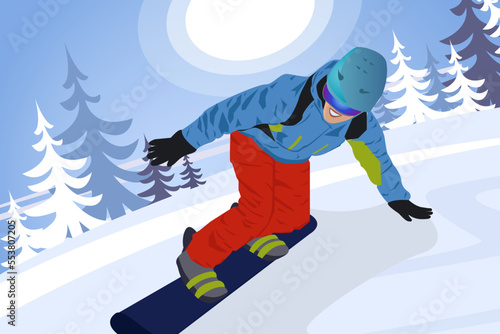 Poster in the forest man on a snowboard. Beautiful landscape of winter mountain sports. Postcard background winter. Vector illustration