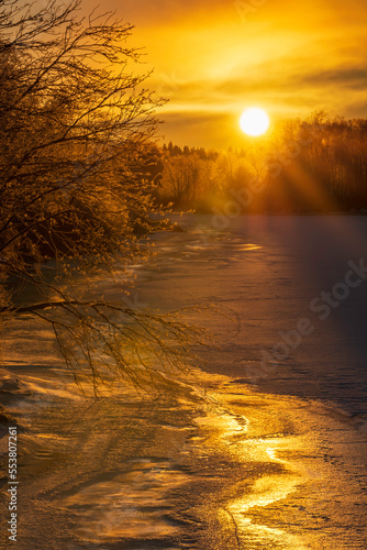 Sunset over the frozen river.   sterbotten Pohjanmaa  Finland.