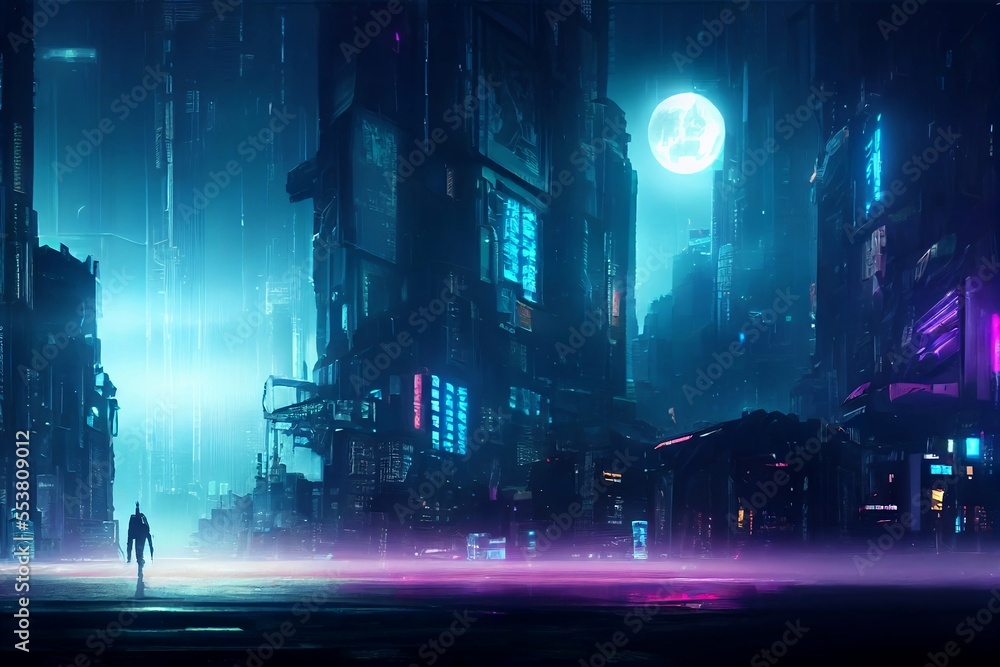 Moonshine over cyberpunk city