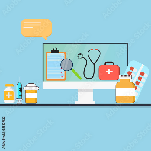 Medicine online and medical healthcare, doctors medics help and research vector illustration concept.