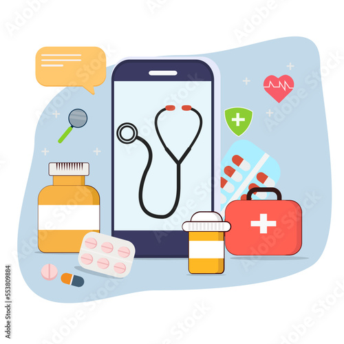 Medicine online and medical healthcare, doctors medics help and research vector illustration concept.