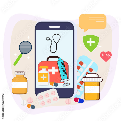 Medicine online and medical healthcare, doctors medics help and research vector illustration concept.