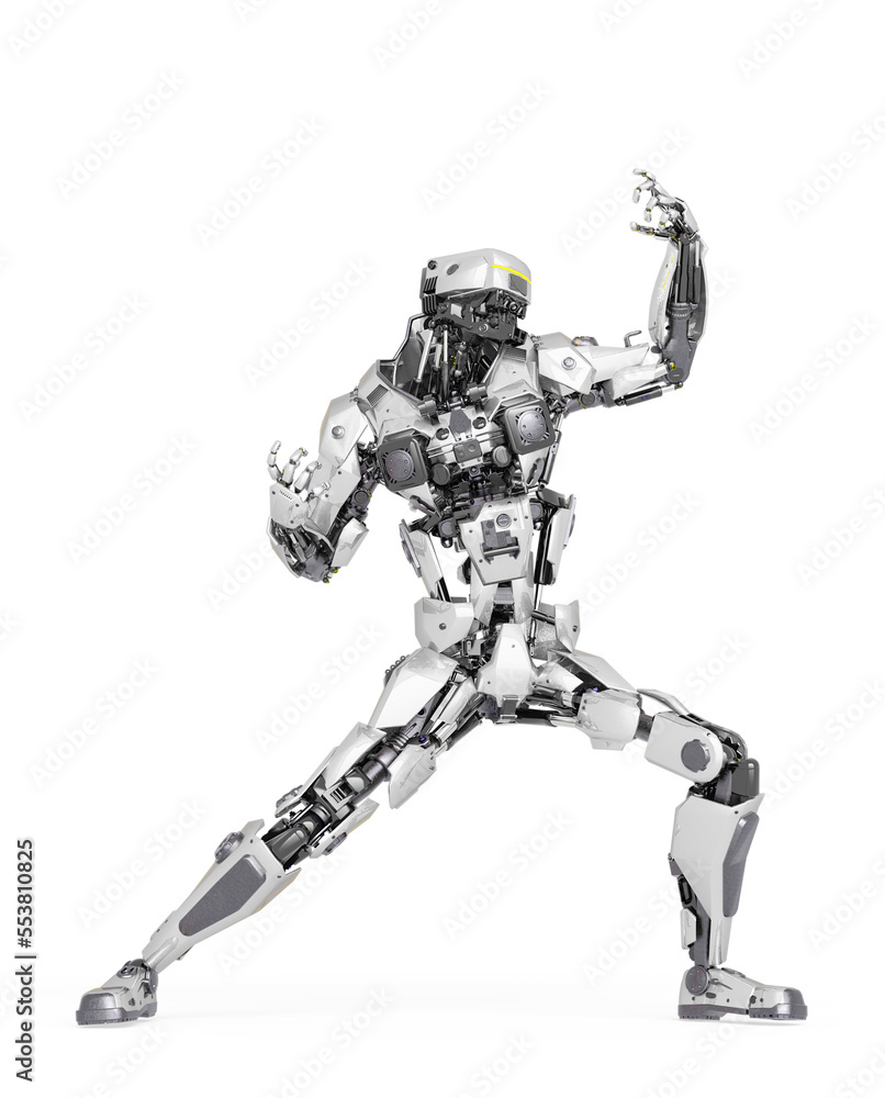 master robot is doing a comic action pose in white background