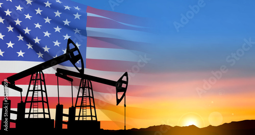Silhouette of Oil pump. Industrial machine for petroleum on background of sunset. USA Oil Industry concept. EPS10 vector