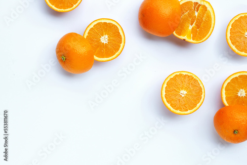 High vitamin C  Juicy and sweet. Fresh orange fruit  on white.