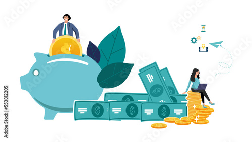 Piggy Bank, Savings. Businessman saves money, investor, finances, pennies, dollar. Woman at the computer, office worker executing business plan. Successful business concept. Flat design people, vector