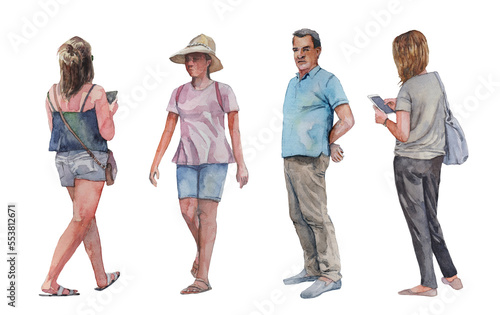 Set of isolated standing and walking people in watercolor illustration, suitable for architectural presentation