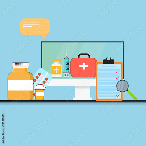 Medicine online and medical healthcare, doctors medics help and research vector illustration concept.