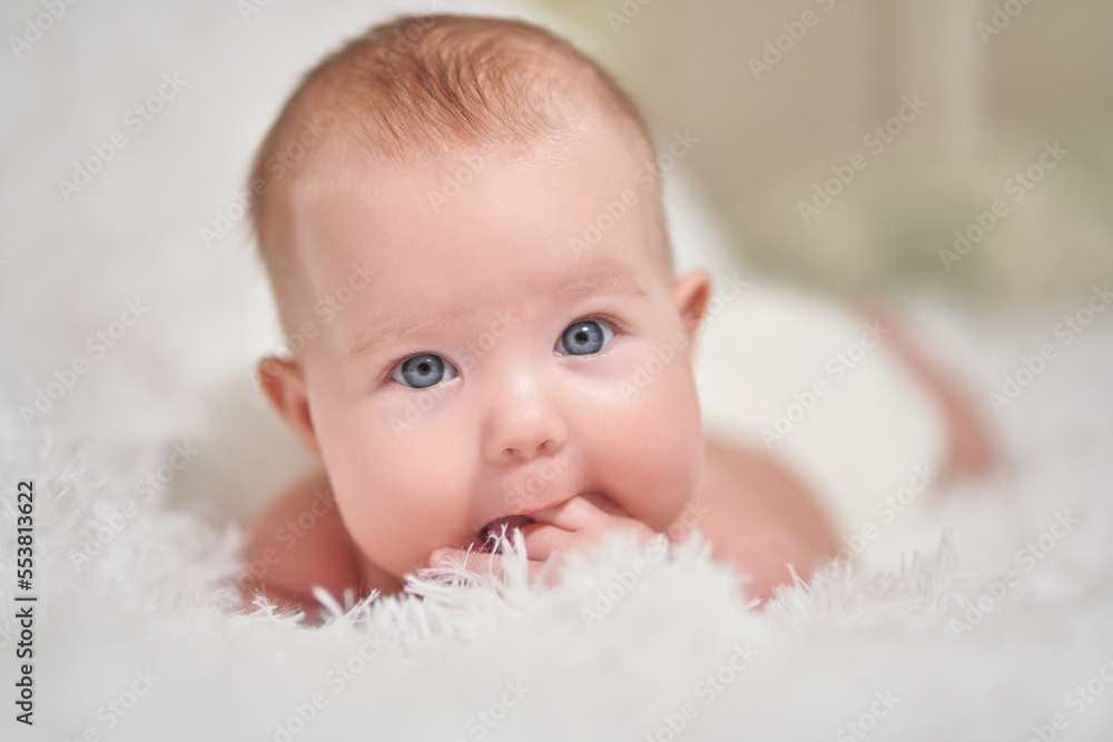 portrait of an infant lying on its stomach on a soft comforter looking at the camera smiling portrait of an infant lying on its stomach on a soft comforter looking at the camera smiling