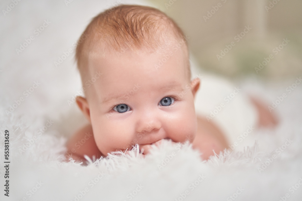 portrait of an infant lying on its stomach on a soft comforter looking at the camera smiling portrait of an infant lying on its stomach on a soft comforter looking at the camera smiling