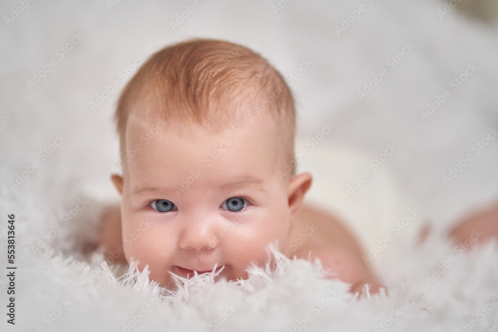 portrait of an infant lying on its stomach on a soft comforter looking at the camera smiling portrait of an infant lying on its stomach on a soft comforter looking at the camera smiling