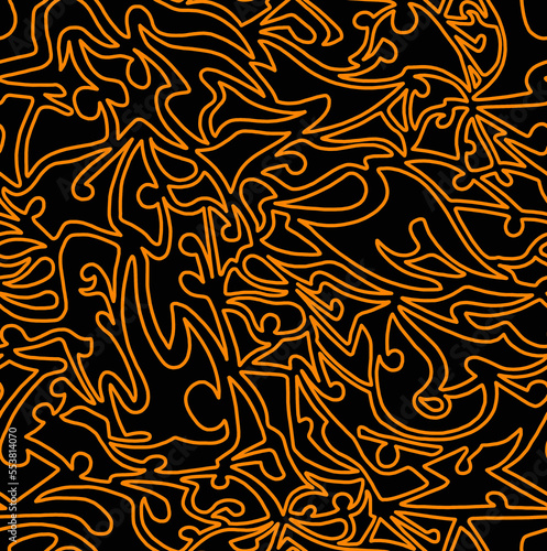 Abstract doodle drawing with orange lines on a black background.Seamless pattern. 