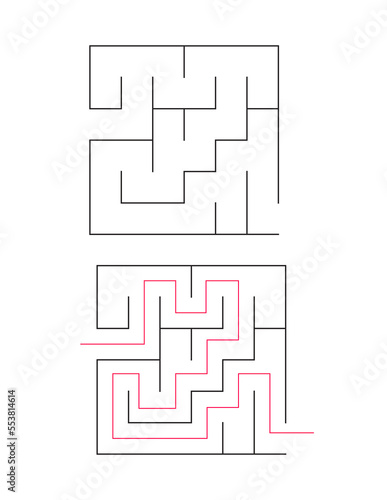 The square maze has an entrance and an exit. Maze with the answer, the path of passage