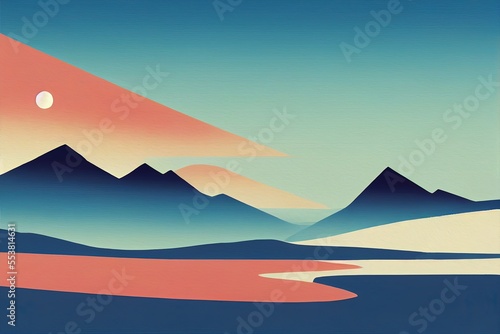 minimalist nordic spring landscape background during sunrise or sunset with mountains  water and sky  generative ai