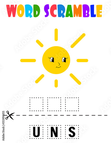 Sun  Word scramble . Educational game for kids. English language spelling worksheet for preschool children