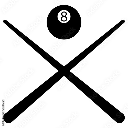 Two crossed billiard cues and a ball with the number 8. Simple vector black and white icon isolated on transparent background