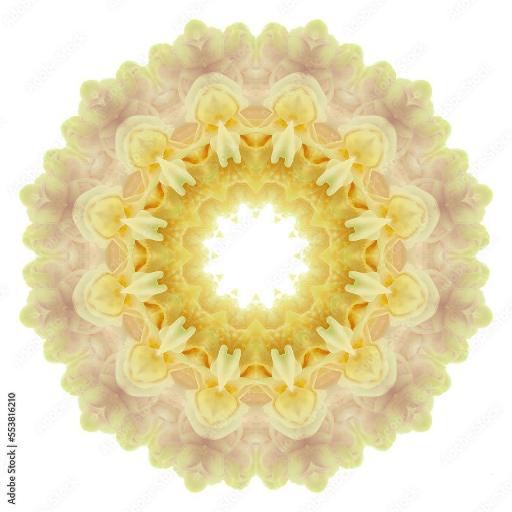Beautiful yellow round pattern for graphic design, Mandala, kaleidoscopic positive pattern with clouds of yellow paint Beautiful yellow round pattern for graphic design, Mandala, kaleidoscopic positive pattern with clouds of yellow paint