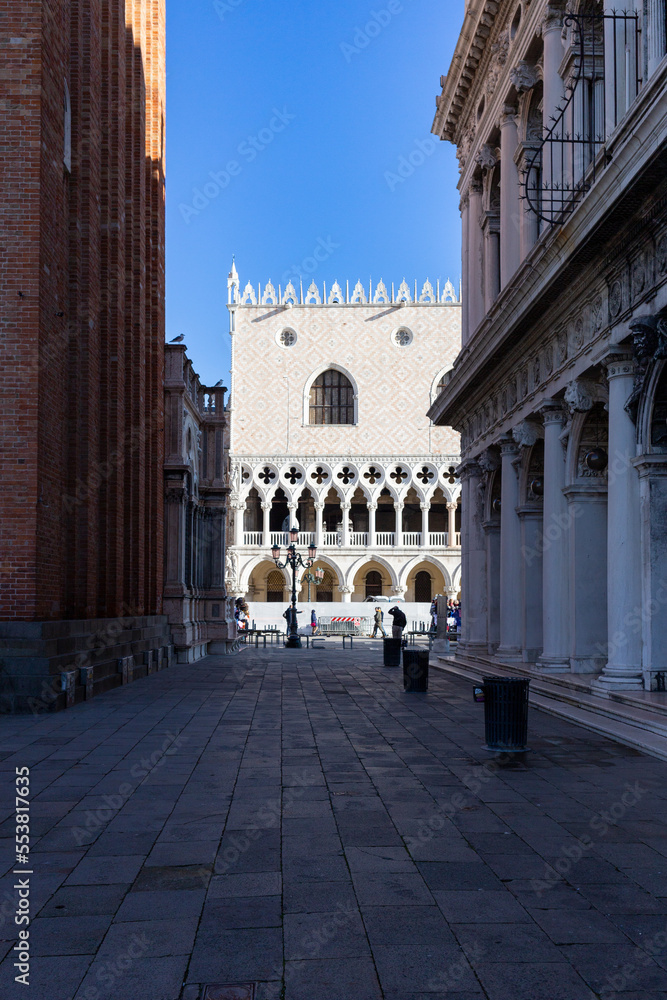 Venice, its characteristic architecture. A glimpse of the Doge's Palace, from Piazza San Marco.